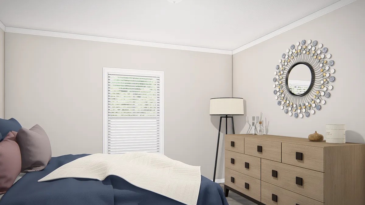 A rendering of a bedroom with a dresser and mirror.