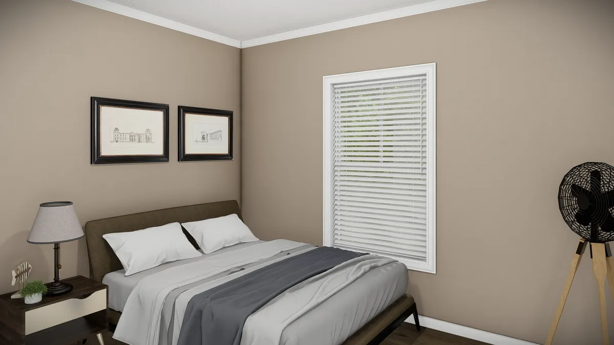 A 3d rendering of a bedroom with a bed and a fan.