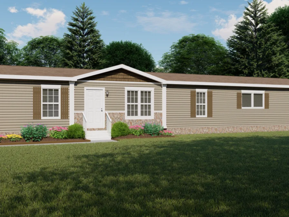 A rendering of a small mobile home.