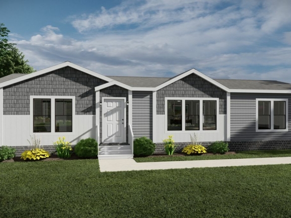 A rendering of a gray mobile home.