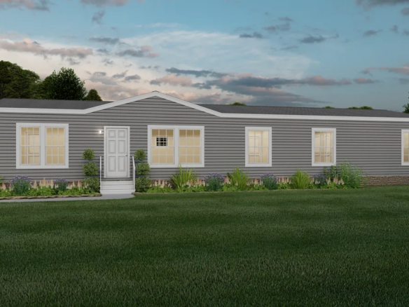 A rendering of a mobile home at dusk.