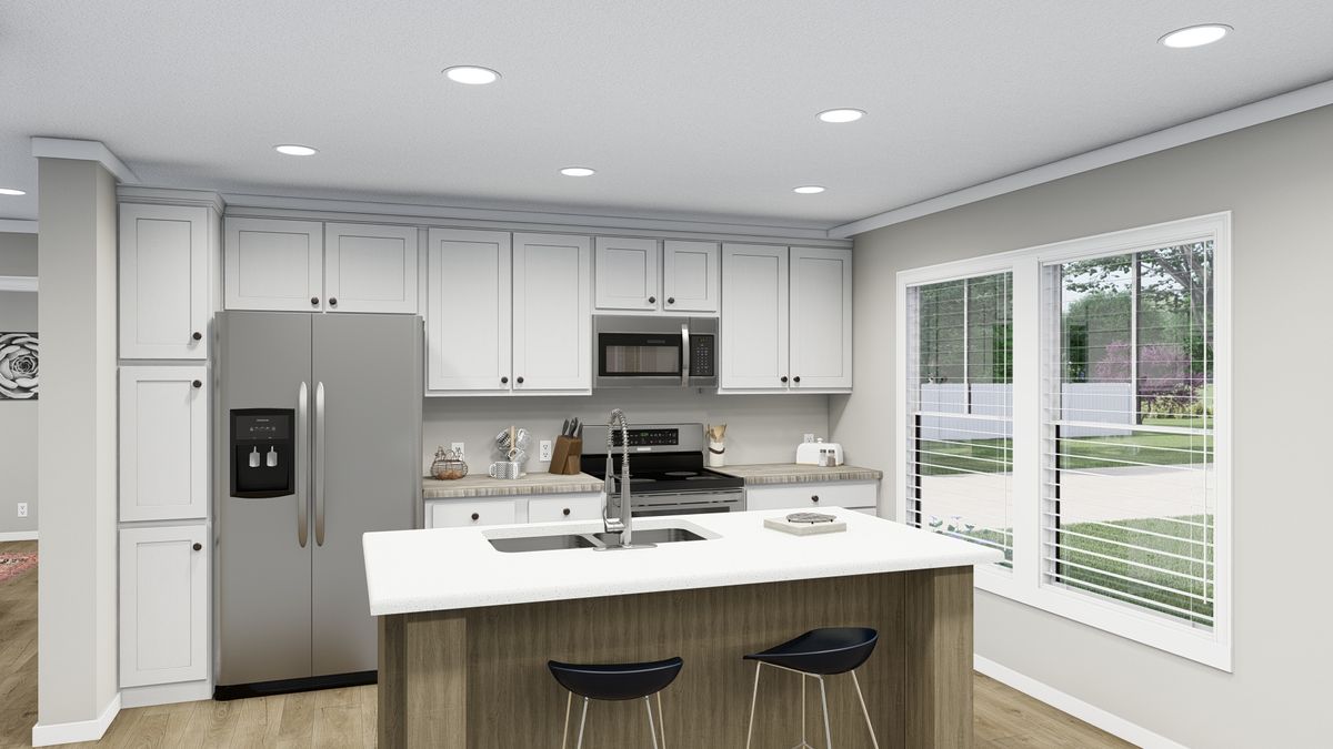 b915b4b0-78b9-4b08-944a-a63f4d74f229 A rendering of a kitchen with white cabinets and stainless steel appliances.