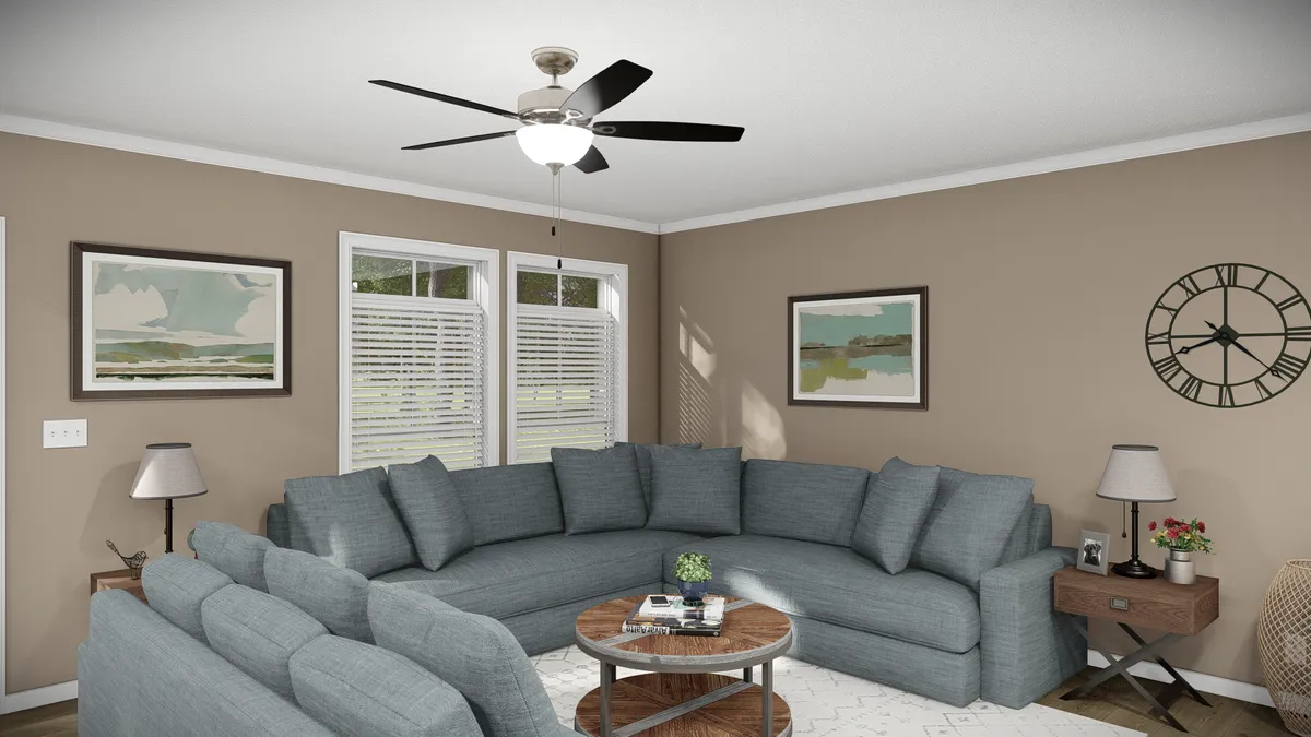 A rendering of a living room with couches and a ceiling fan.