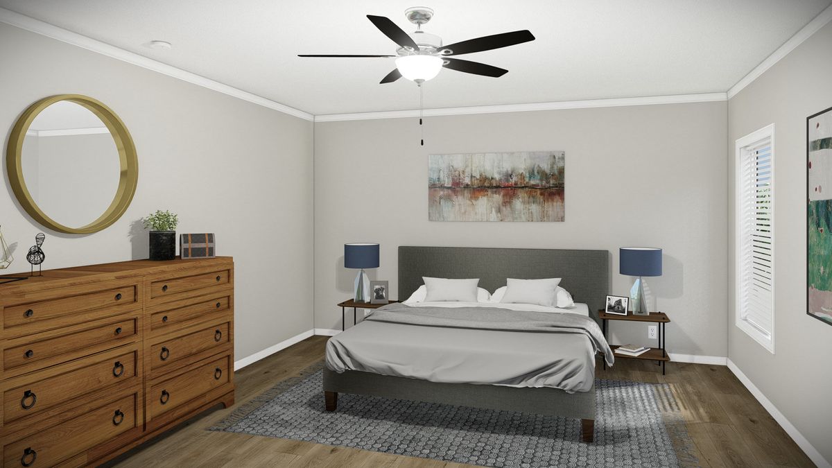 A 3d rendering of a bedroom with a ceiling fan.