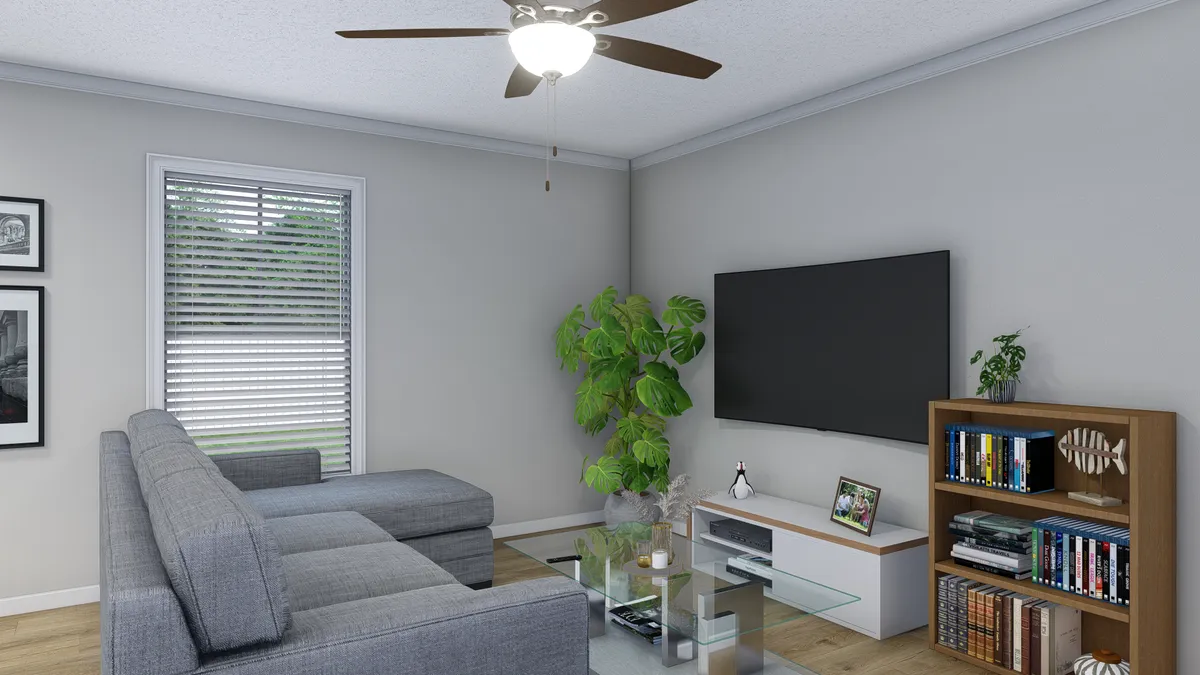 3d rendering of a living room with a ceiling fan.
