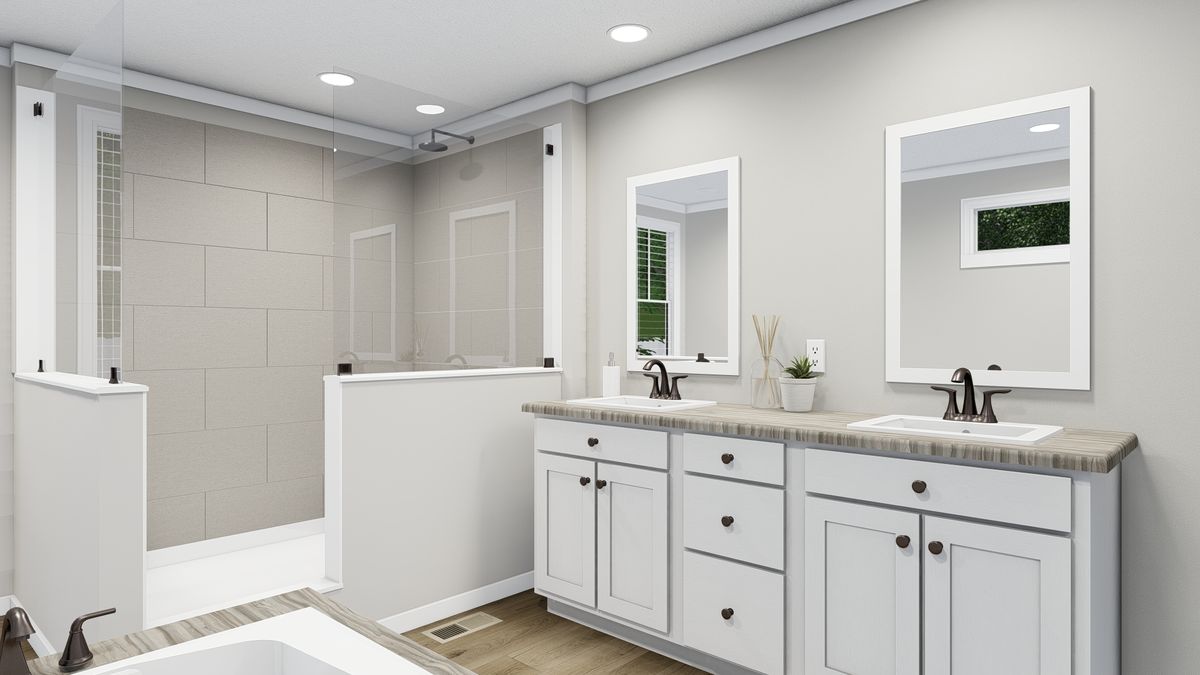 c3269379-347f-4a51-ac4f-6bd00a94ab65 A 3d rendering of a bathroom with two sinks and a shower.