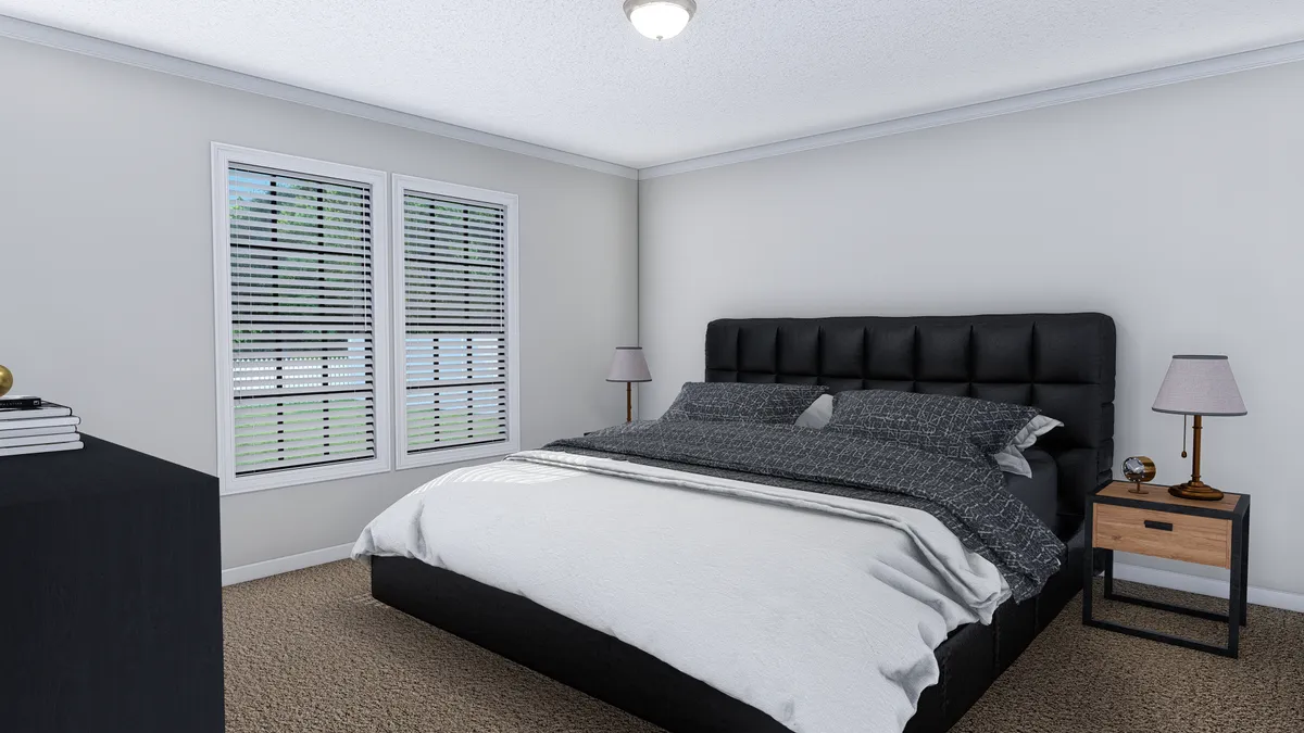 A 3d rendering of a bedroom.