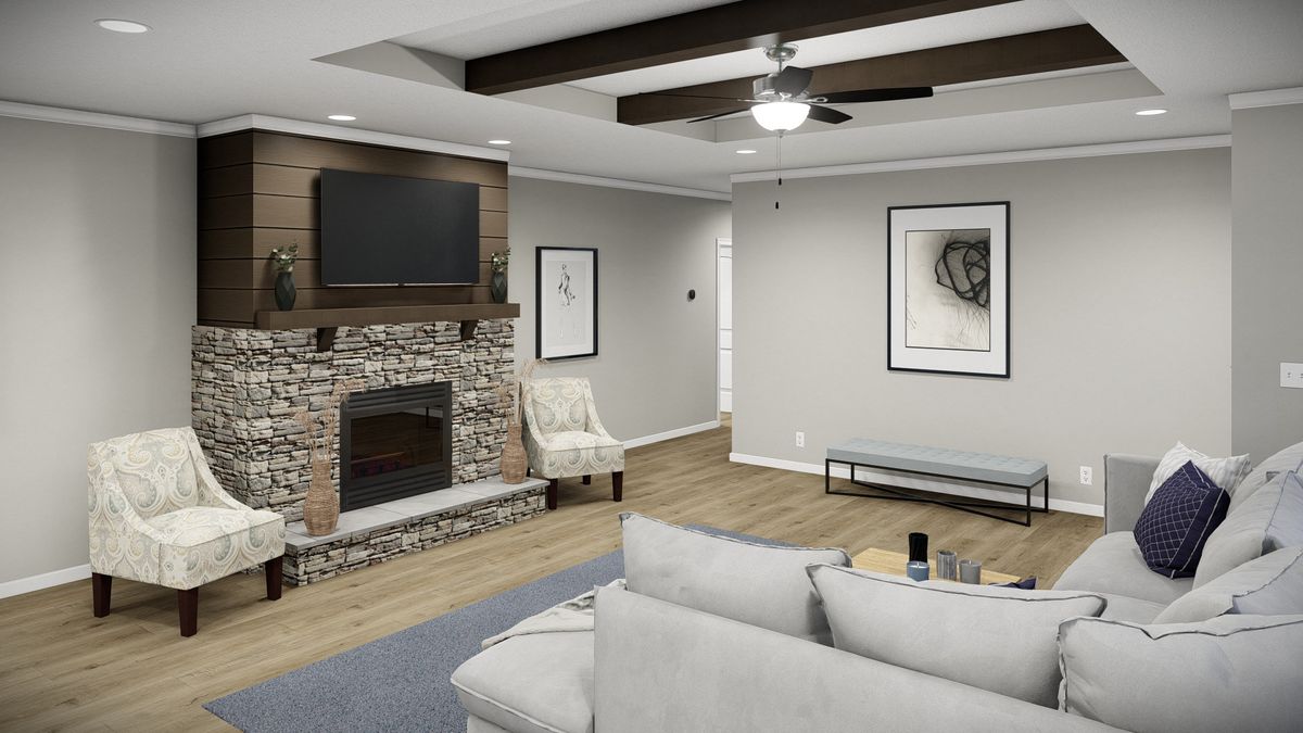 A 3d rendering of a living room with a fireplace.