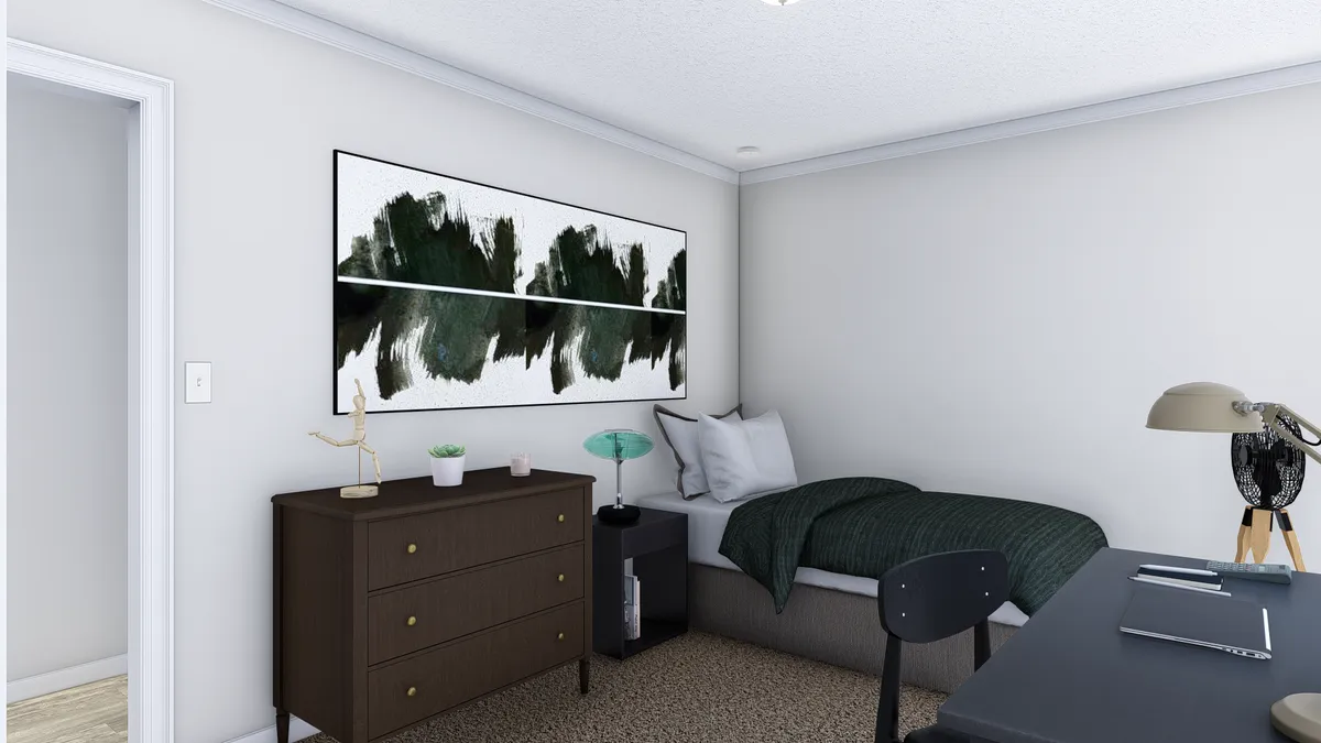 A rendering of a bedroom with a bed and dresser.