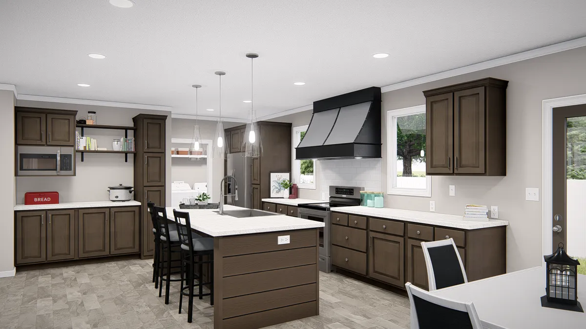 A 3d rendering of a kitchen and dining area.