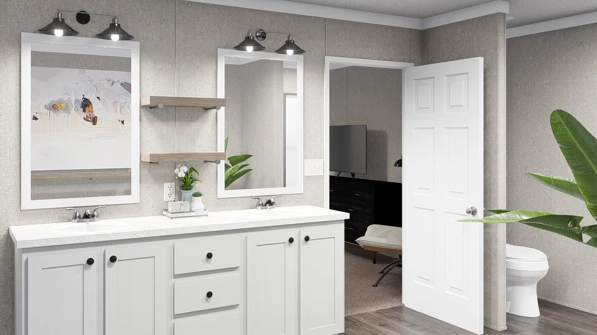 A 3d rendering of a bathroom with white cabinets and a plant.