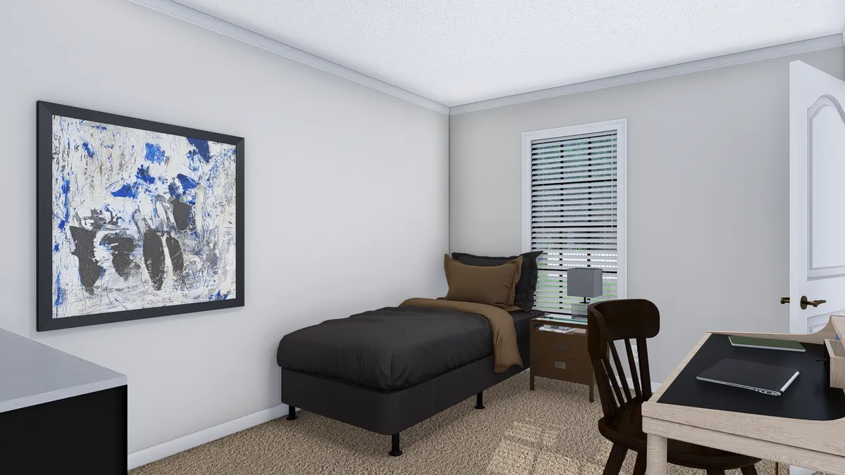 A 3d rendering of a room with a bed and desk.