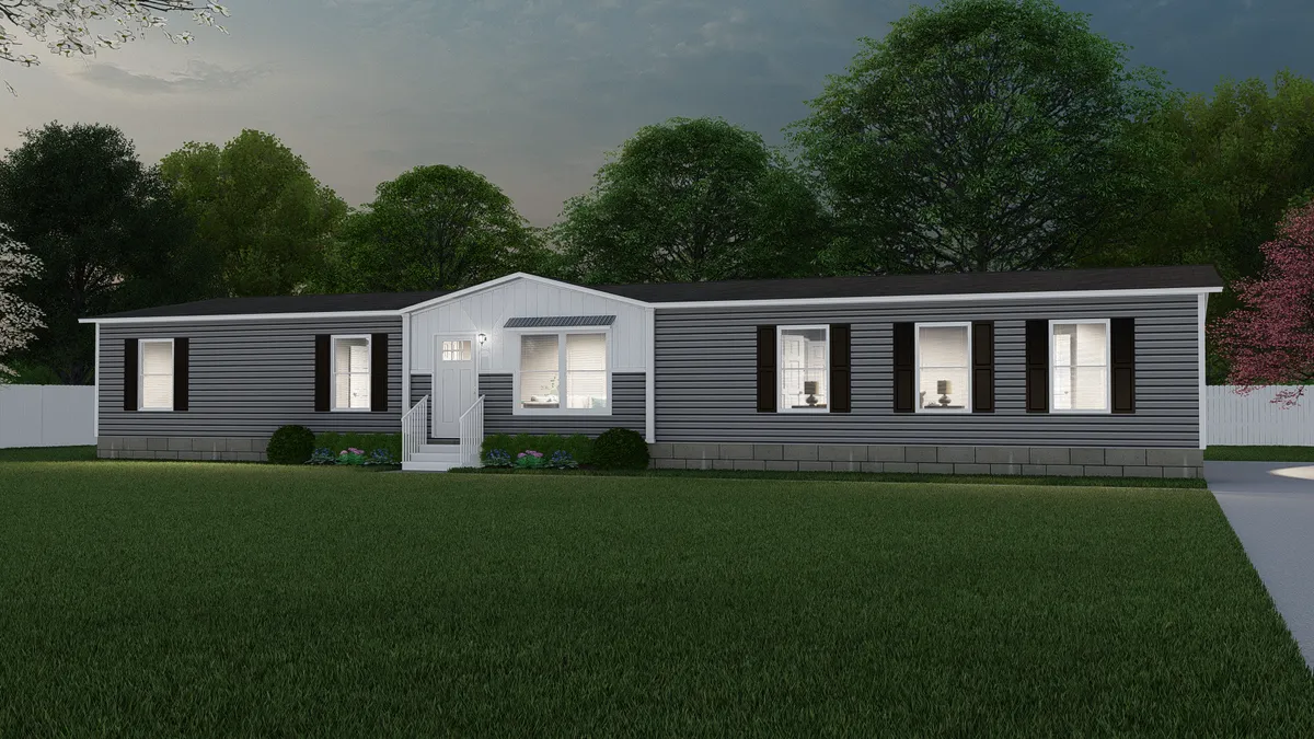 A rendering of a mobile home at twilight.