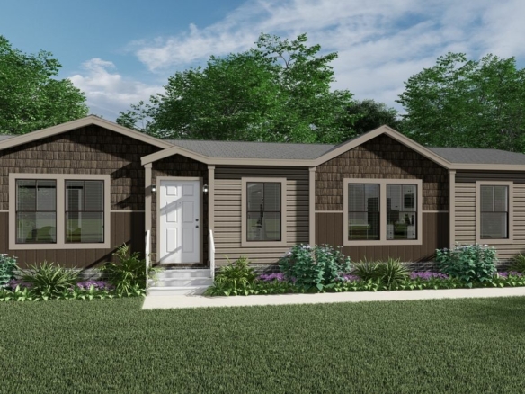 A rendering of a mobile home with a front porch.