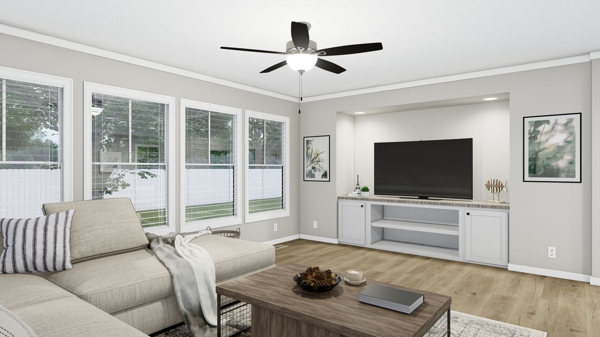 dd94042a-114d-4d7a-a63c-f0f71226cd4d A rendering of a living room with a ceiling fan.