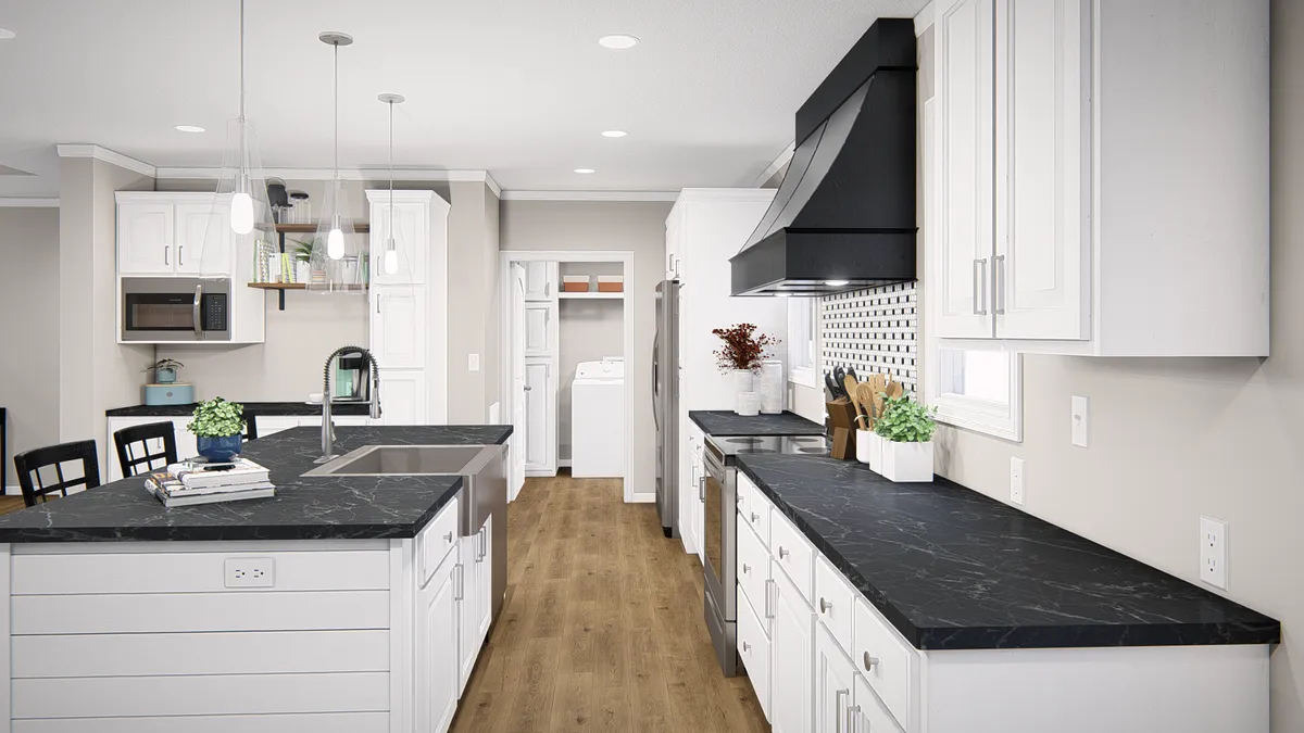 A 3d rendering of a kitchen with white cabinets and black counter tops.