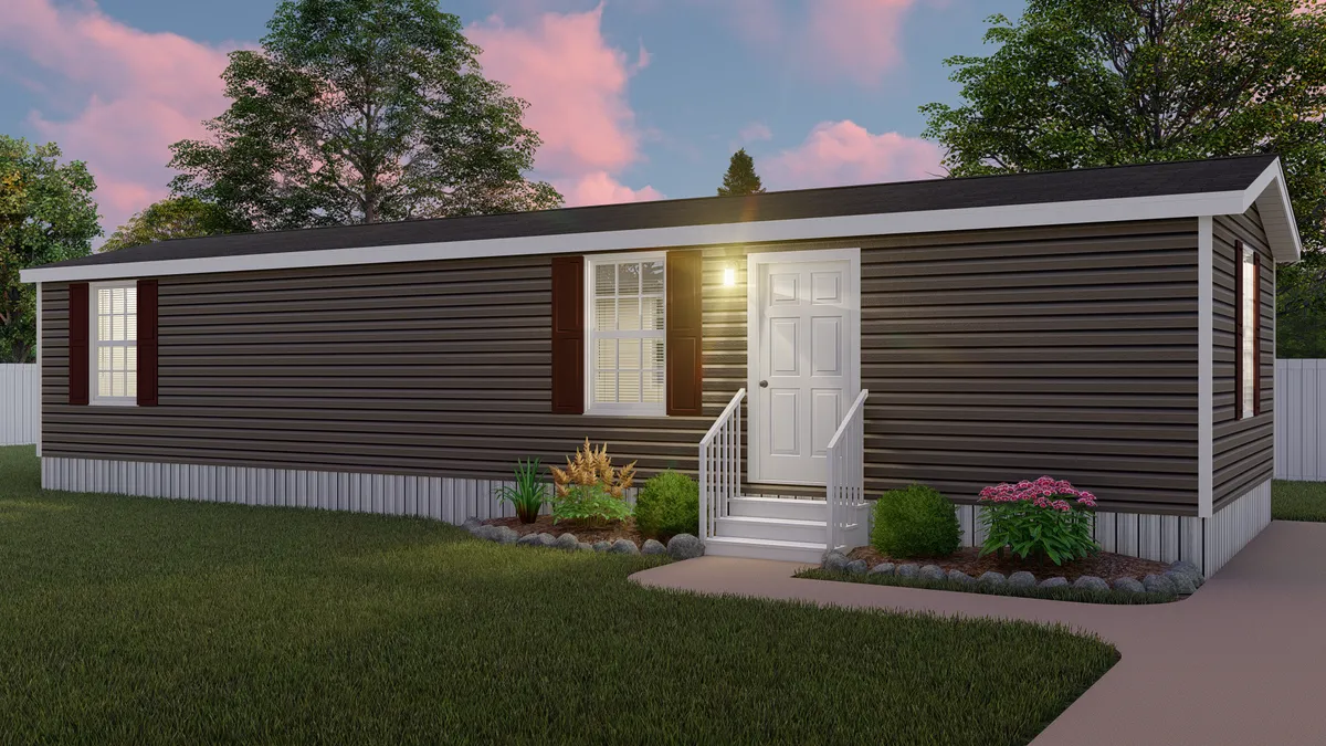 e330ce07-bfd2-4965-8ac4-f73f3eba2873 A rendering of a mobile home at dusk.