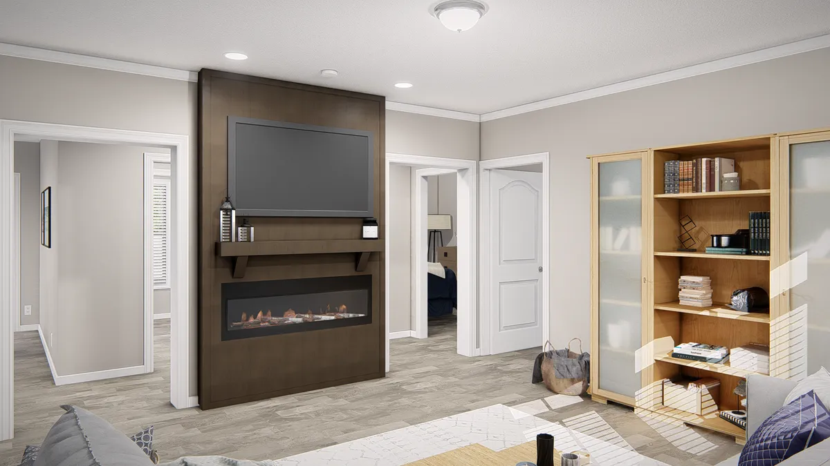 A rendering of a living room with a fireplace.