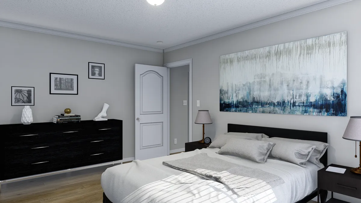 A 3d rendering of a bedroom with a bed and dresser.