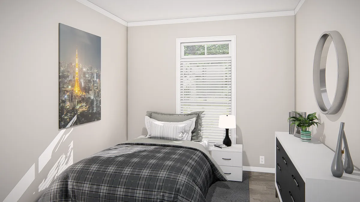 A rendering of a bedroom with a bed and dresser.