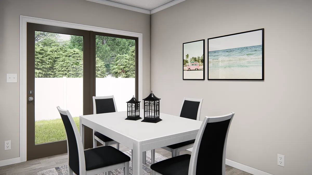 A 3d rendering of a dining room.