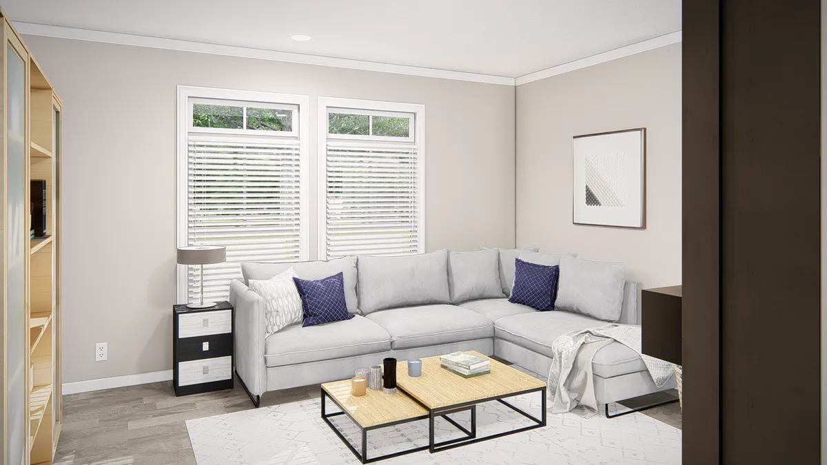 A rendering of a living room with a couch and coffee table.