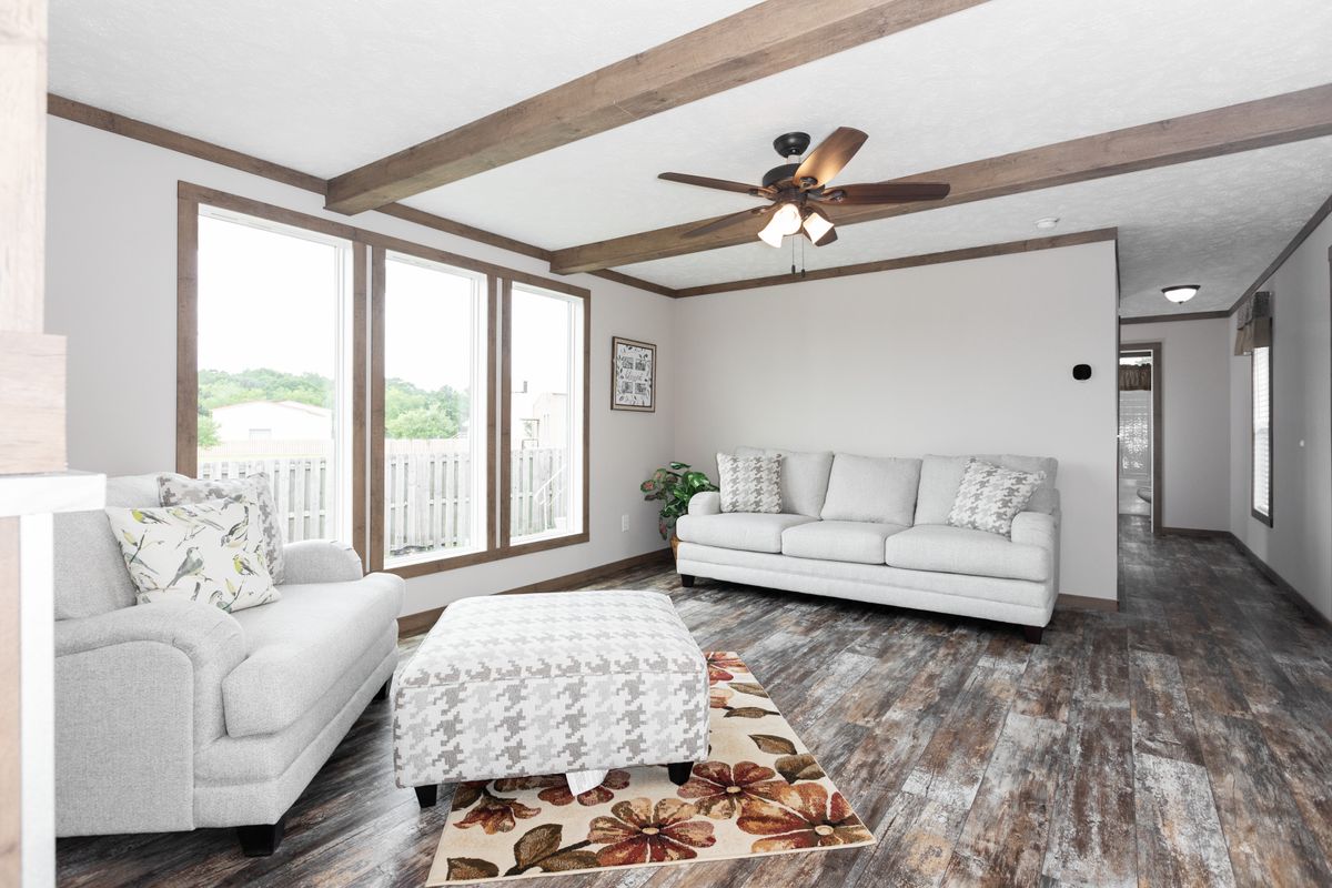 living room, hardwood floors, ceiling fan