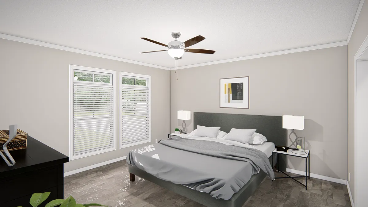 A rendering of a bedroom with a ceiling fan.
