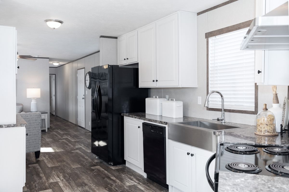 mobile home, black appliances