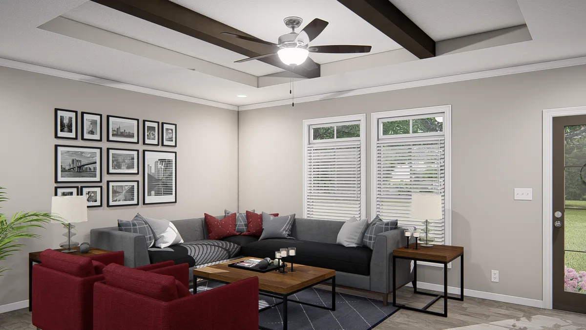 A rendering of a living room with a ceiling fan.