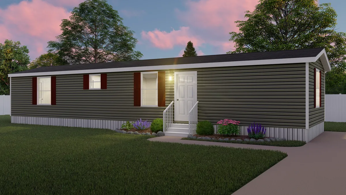 A rendering of a mobile home at dusk.