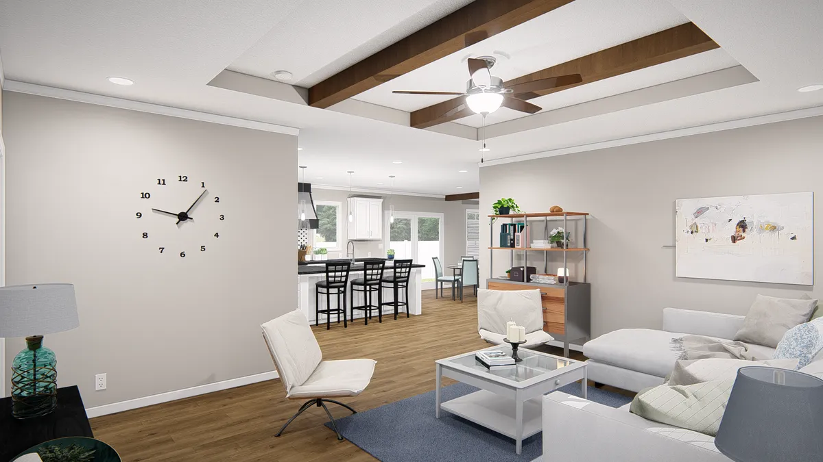 A rendering of a living room with a ceiling fan.