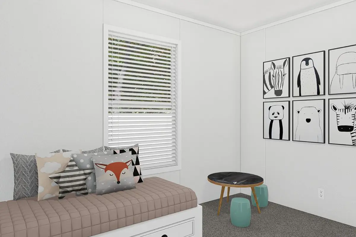A room with a bed and a table.