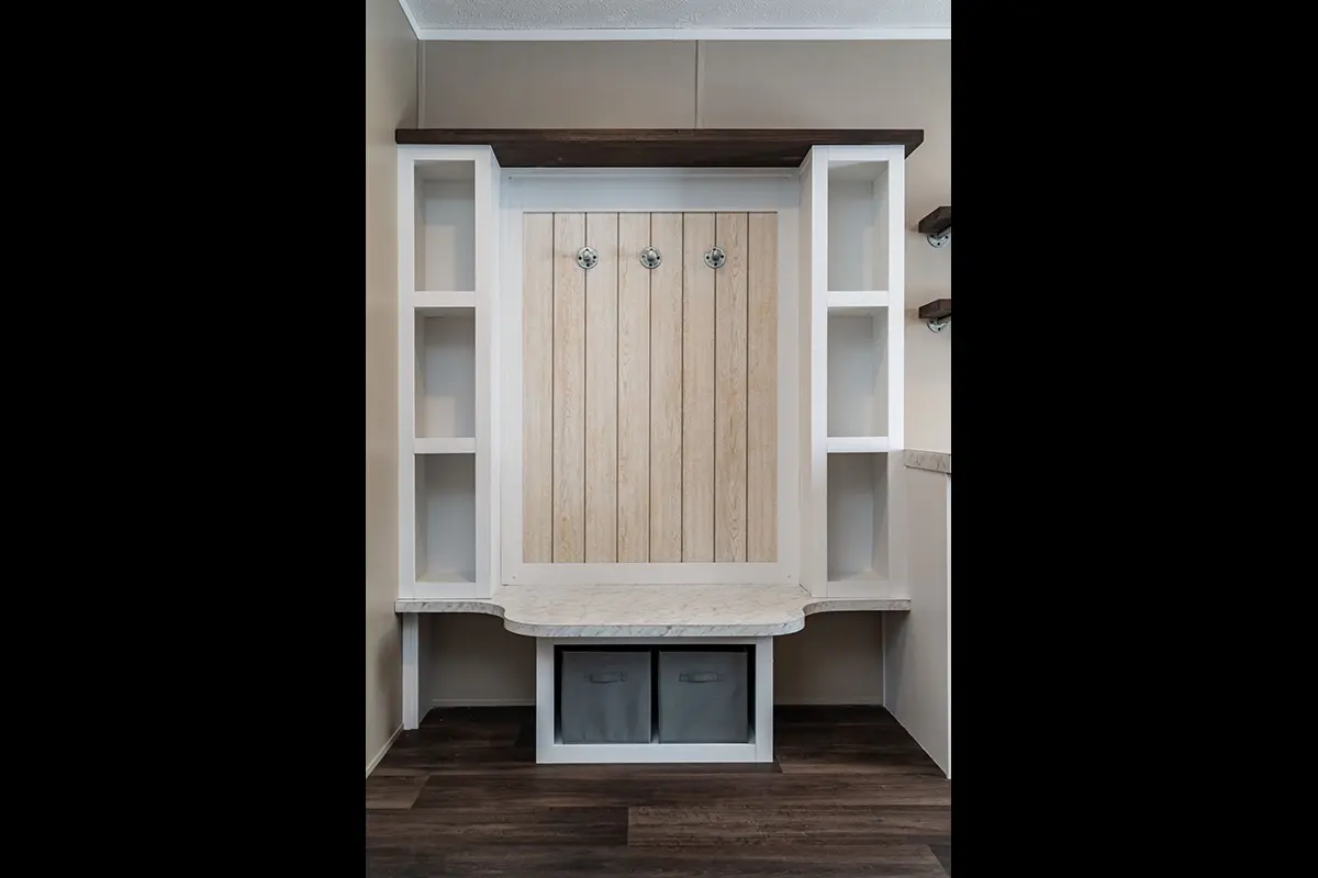 A coat rack in a room.