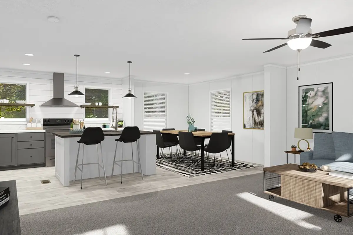 A kitchen and dining room with a table and chairs.