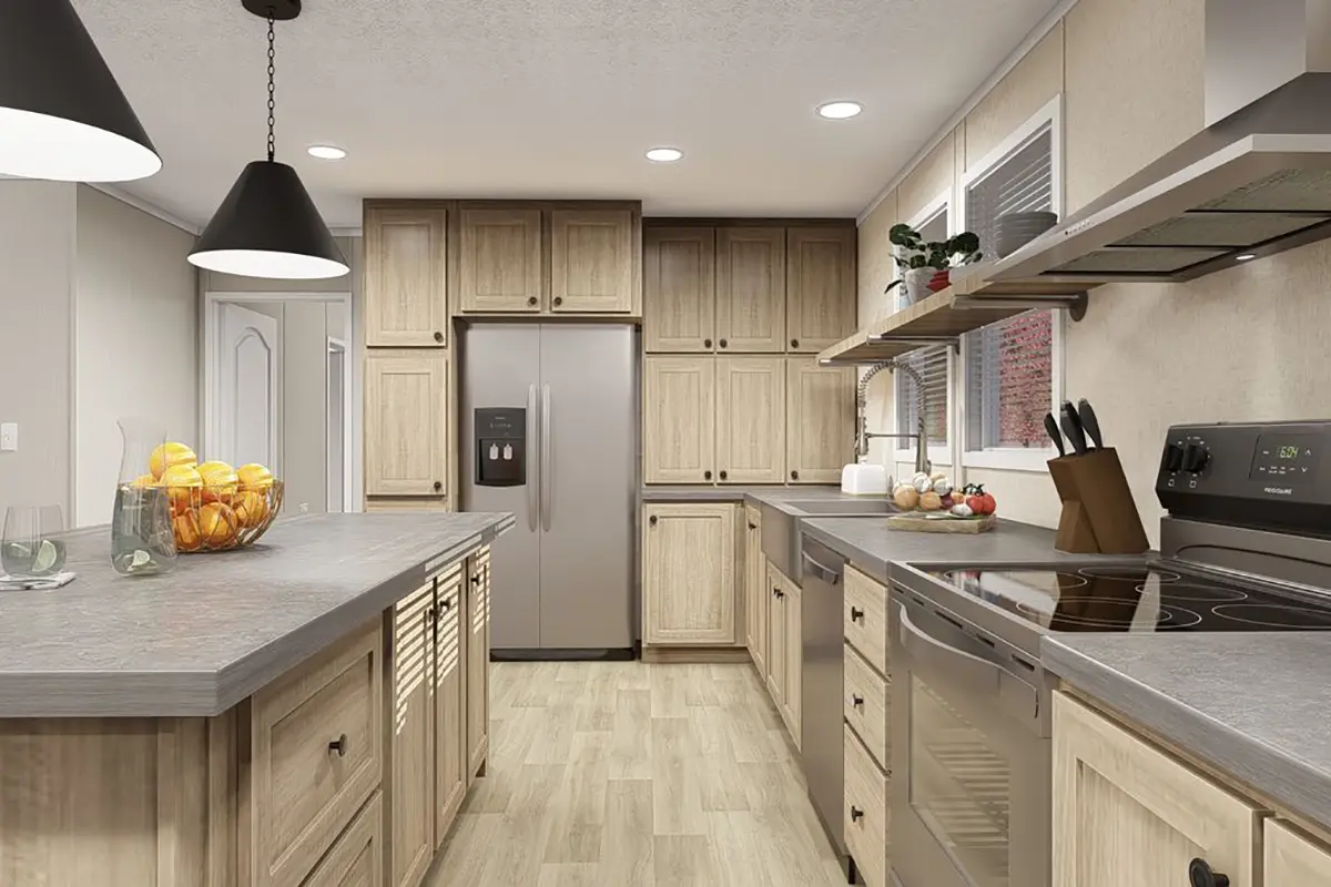 A kitchen with wood cabinets and stainless steel appliances.