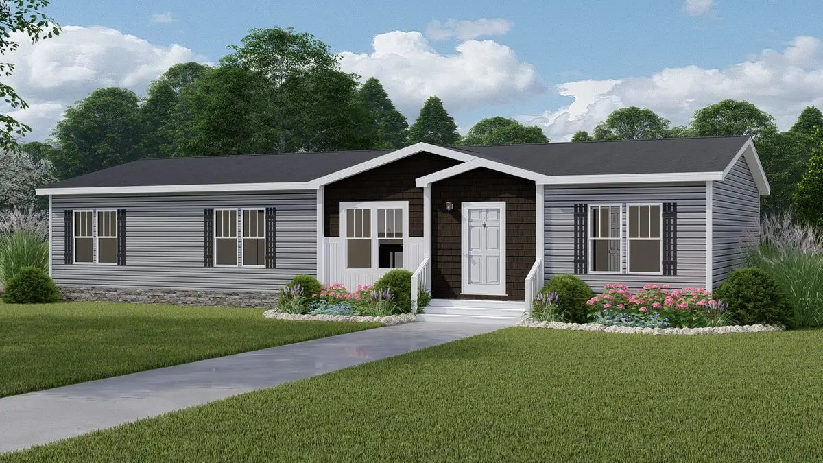 Digital illustration of a single-story, gray modular home with white trim, featuring two front windows, a central door, and surrounded by a manicured lawn and flower beds.