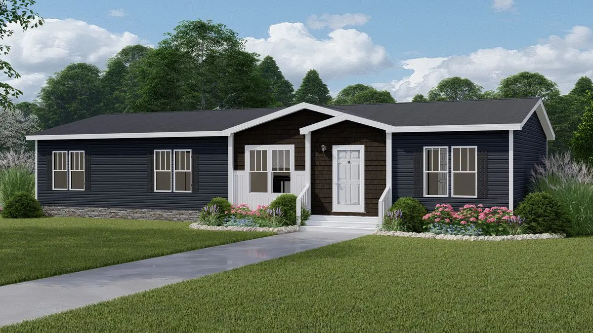 A single-story house with dark gray siding, white trim, a central door, and two windows, surrounded by a landscaped yard and a concrete pathway.