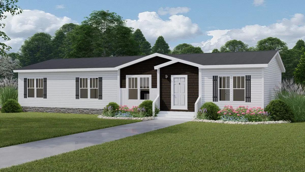 A digital rendering of a single-story home with a white exterior, black shutters, and a central front door, surrounded by a landscaped garden and a concrete walkway.