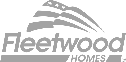 Grey logo of Fleetwood Homes featuring stylized American flag waves above the company name.