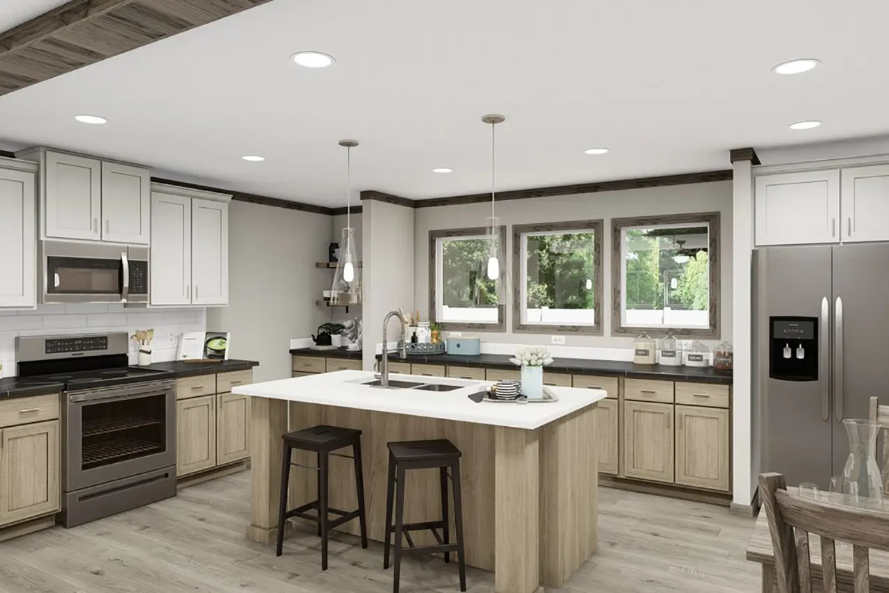 Modern kitchen with a central island, two stools, stainless steel appliances, and wooden cabinets. Three windows provide natural light. The room features recessed lighting and light wood flooring.