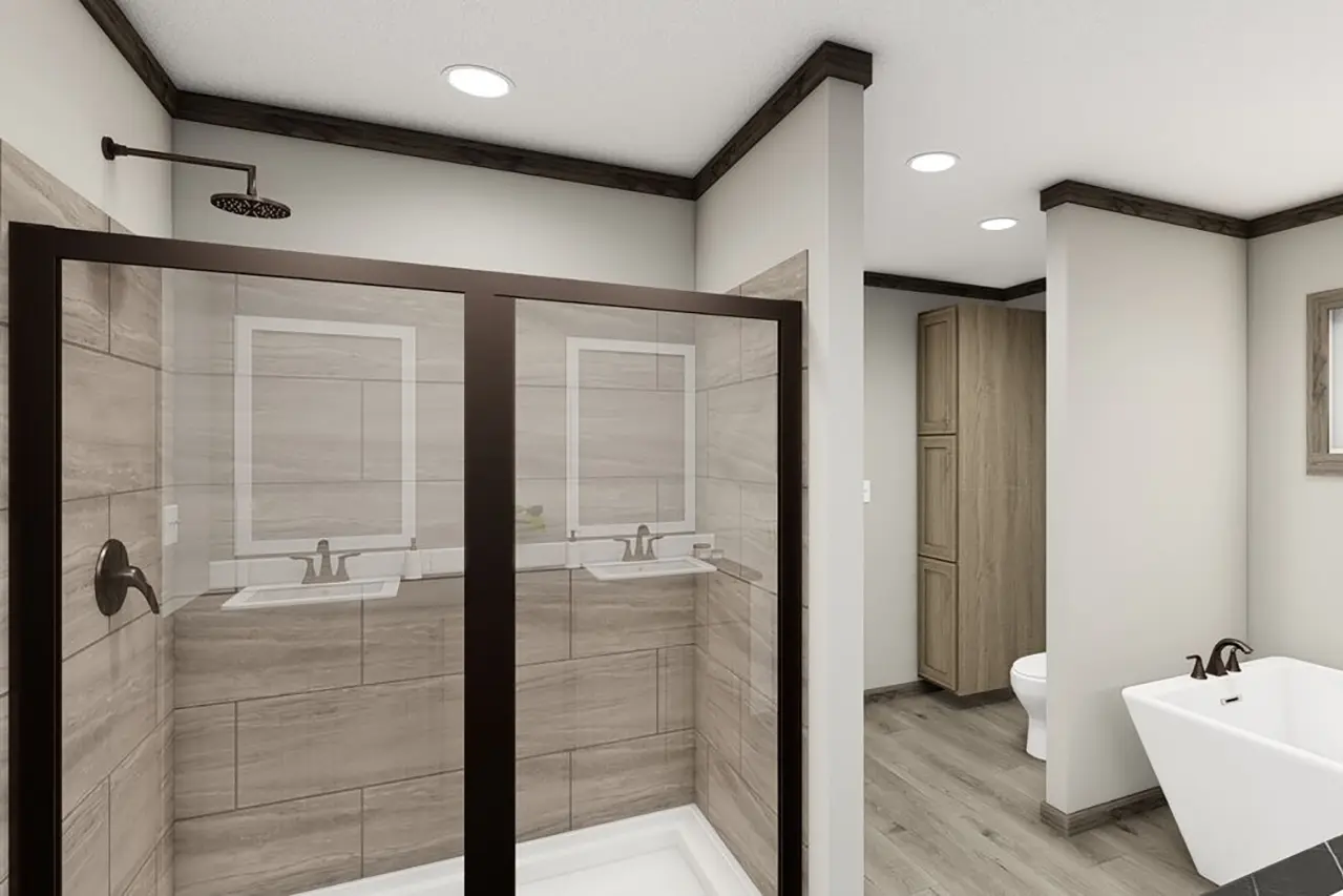 A modern bathroom features a glass-enclosed shower with tiled walls, a white bathtub, wooden cabinetry, a toilet, and a large framed mirror.