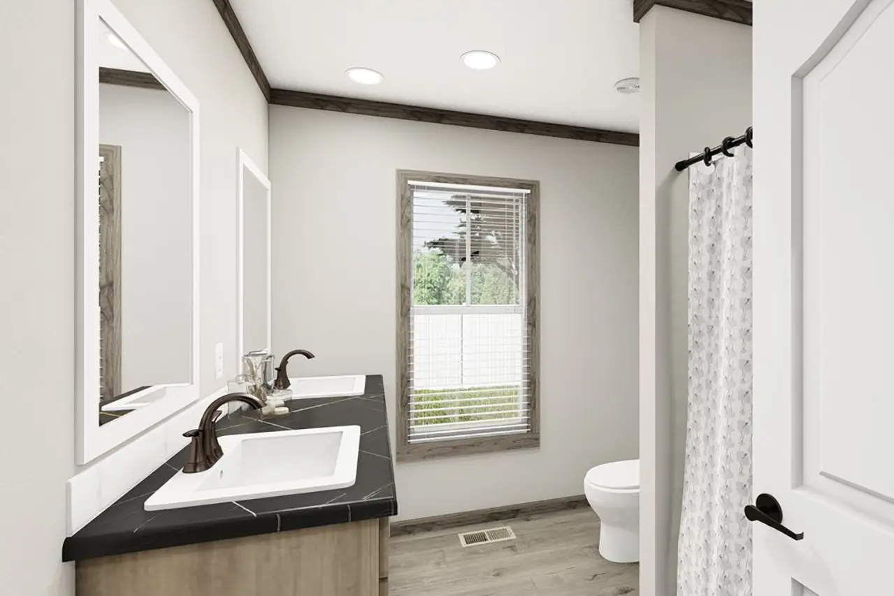 A modern bathroom with a rectangular mirror, a black countertop with a sink and faucet, a white toilet, and a window with blinds. There is a shower curtain on the right. The floor is wood-textured.