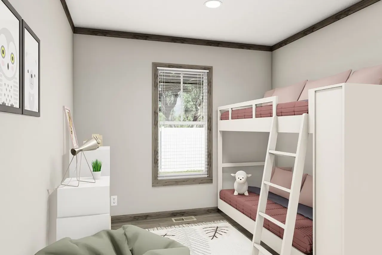 A minimalist bedroom with a bunk bed, white walls, a single window with blinds, a small desk, a lamp, and a bean bag. The room has soft lighting and simple decor.