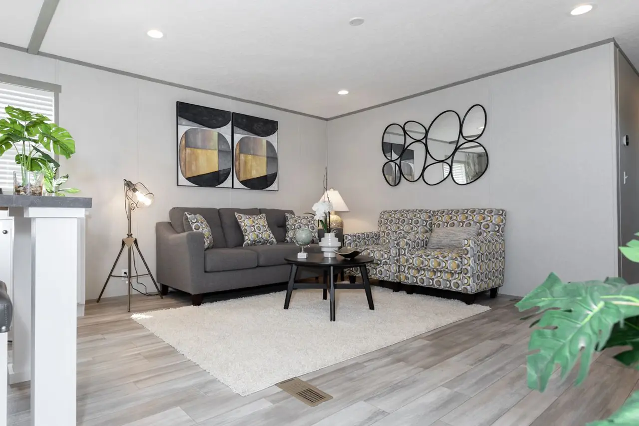 12c408b9-f782-40ef-8ea5-414ca6351d90 Modern living room with gray sofa, patterned armchair, abstract wall art, and circular mirrors. A floor lamp and potted plants add decor. A white rug covers part of the wood floor.