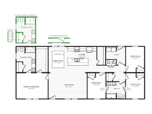 Floor plan layout of a house featuring a primary bedroom with bath, three additional bedrooms, two extra baths, living room, dining room, kitchen, and utility room; optional bath layouts shown.