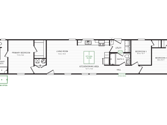 Black and white floor plan showing a three-bedroom, two-bath single-level home with living room, kitchen, utility room, and optional ceramic shower.