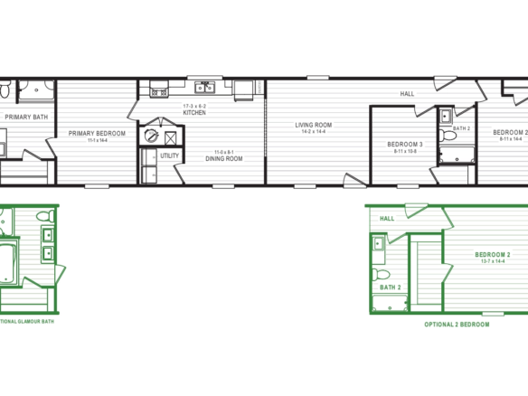 Floor plan of a home with primary bedroom and bath, two bedrooms, living and dining areas, kitchen, utility room, and two optional layouts for a larger bath and a third bedroom.