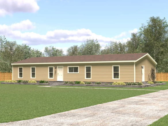 Single-story beige manufactured home with a brown roof, surrounded by green grass and landscaping, with a concrete driveway leading to the entrance.