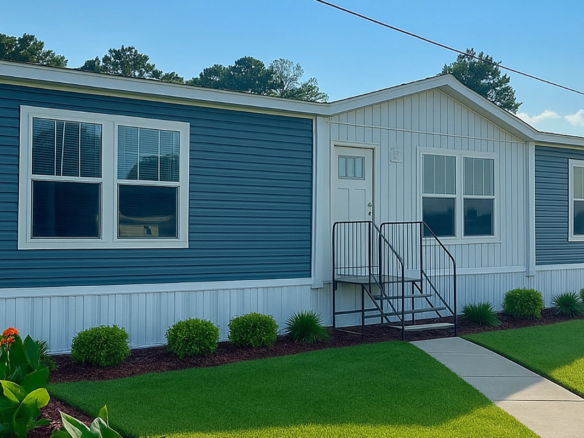 A blue and white manufactured home with front steps, green lawn, small shrubs, and a sidewalk leading to the entrance.